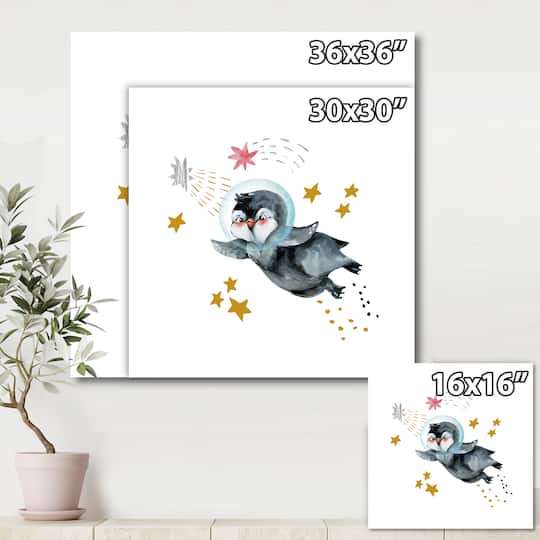 Designart - Little Penguin Flying Stars and Planets I - Farmhouse Canvas Wall Art Print